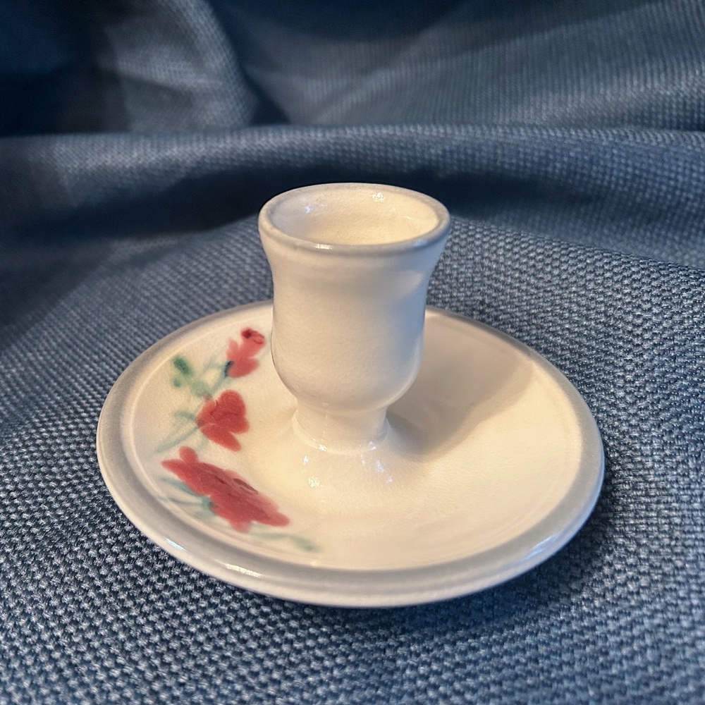 Beautiful Art Pottery Candle Stick Holder Cream w Hand Painted Roses Signed